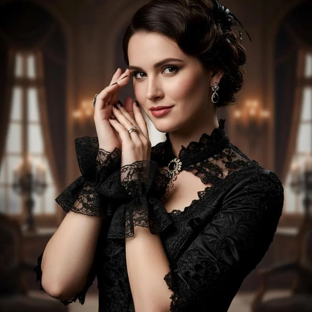 Women's Black Short Elastic Hand Sleeve Gloves Ruffled Floral Cuff Accessories